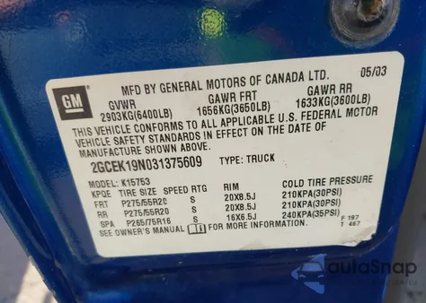 2003 Chevrolet Silverado 1500 Ss z USA, uszkodzony, nr VIN 2GCEK19N031375609